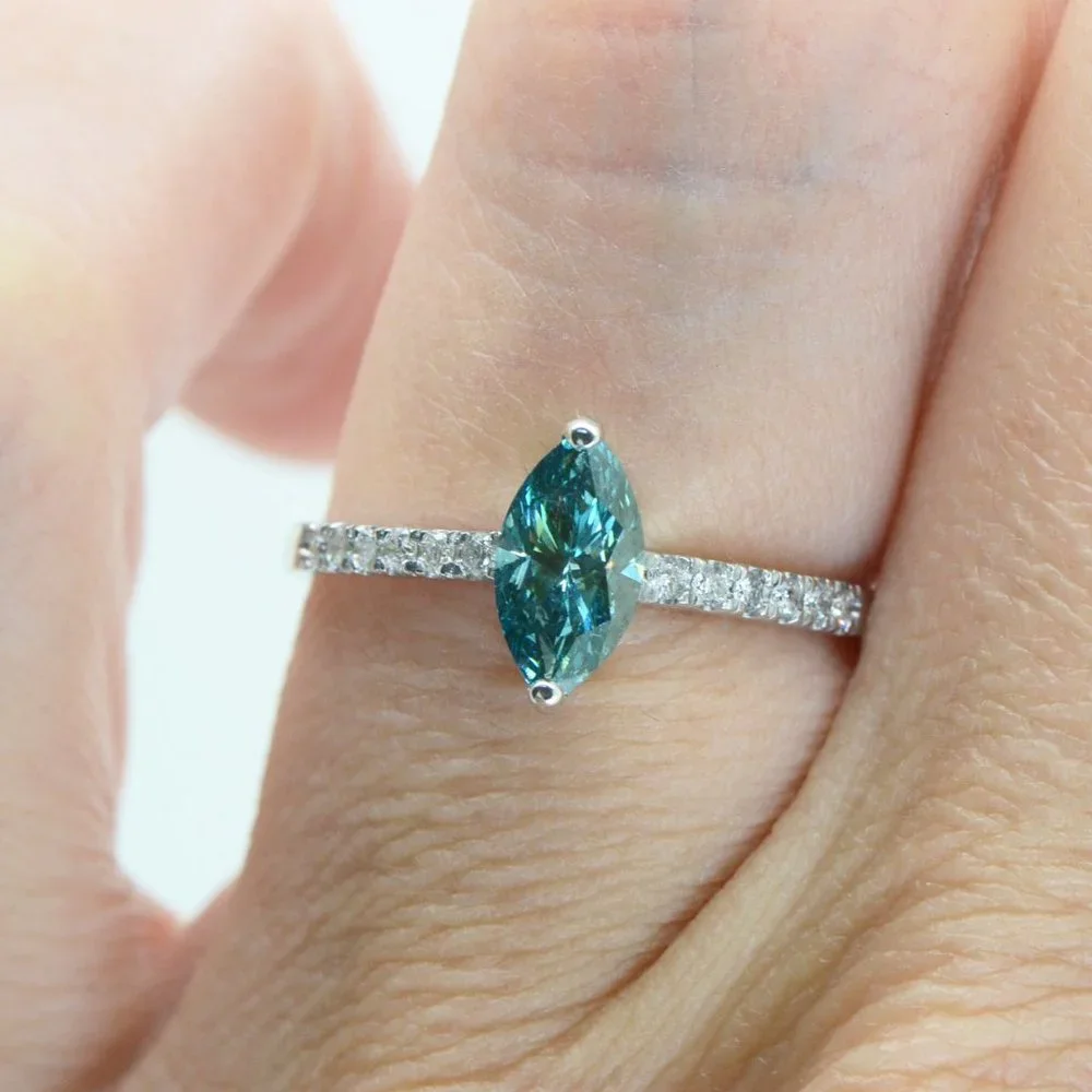 Blue Marquise Cut Diamond Engagement Ring 14K White Gold 0.83 TCW - Picture 3 of 9